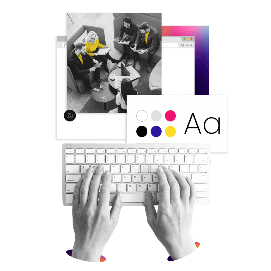 A collage featuring hands typing on a keyboard.
